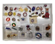 A collection of assorted enamel pin badges and an RMBI steward badge.