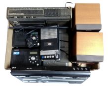 A box containing Sony speakers, DAB radios, a Concert Boy radio and an LG DVD player.