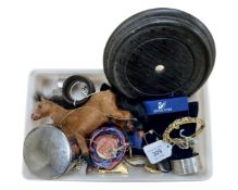 A box of costume jewellery, gilt bangle, Swarovski earrings, silver napkin ring etc.