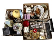 Three boxes containing Chinese platter sets, Ringtons mugs, antique and later plates, tea ware,