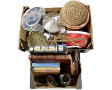 Two boxes containing plaques on shields, an oil lamp, wicker sewing box, cut glass decanter,