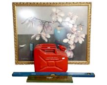 A Frans Oerder print ' Magnolias' in gilt frame together with an oil can,