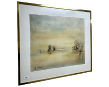 A Continental colour print depicting boats at sunset, 57cm by 49cm.