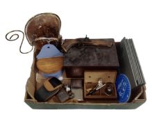 A box containing a wooden table box, a cigarette box, a cigarette case, an enamelled salt pot,