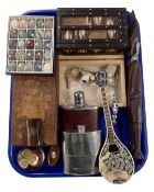 A tray containing pokerwork and porcupine quill table box, antique lighters,