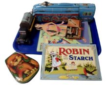 A tray containing vintage toys including tin plate International Express,