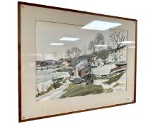 Continental school : Banks of a river, watercolour drawing, 56cm by 39cm.