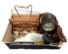 A box containing an Edwardian oak cased mantel clock, a brass and leather magazine rack,