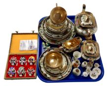 A tray containing a part Japanese tea service, crested china,