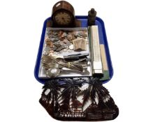 A tray containing a Faber Castell slide rule in case, plated cutlery,