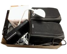 A box containing LG and Samsung 3D and blu-ray players, a retro style telephone, angle poise lamp,