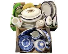 Two boxes containing antique and later ceramics including George Jones & Sons Abby blue and white
