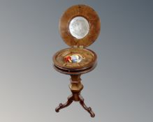 A 19th century mahogany and rosewood cylindrical pedestal work table (top a/f)