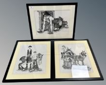 After Robert Olley : A miner crawling through a seam, monochrome print, signed in red ink,