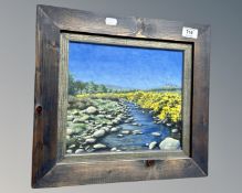 A Nancy Priest acrylic painting of a beck running through a landscape, 26cm by 23cm.