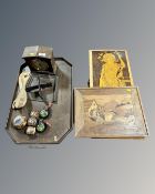 An Edwardian oak twin handled tray together with an Edwardian oak mantel clock, marquetry panel,