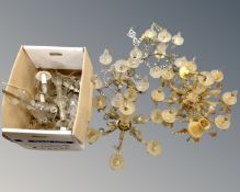 A collection of six antique metal and glass light fittings with glass drops.