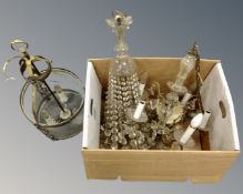 Two antique gilt metal and glass hanging light fittings together with a further antique lantern