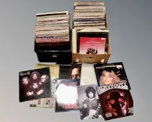 A box and a crate containing a large quantity of vinyl LPs including Eric Clapton, Queen,