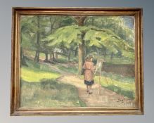 Continental school : Lady painting in a forest, oil on canvas, 64cm by 51cm.