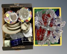 A box and a crate containing a contemporary light fitting, Denby dinnerware, floral patterned vases,