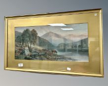 E. W. Hayes : Highland Cattle by a Loch, watercolour, signed, 54cm by 25cm.