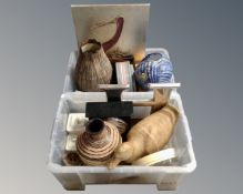 Two boxes containing contemporary home furnishings, Arthur Wood bowl, kitchen storage jars,