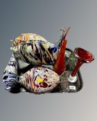 A tray containing four Murano glass fish ornaments together with three Continental glass vases.