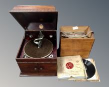 An early 20th century mahogany cased Geisha tabletop gramophone together with a further storage box