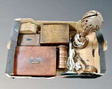 A box containing assorted table boxes, an elephant cigarette box, silver plated table lamp,
