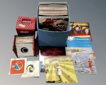 A box and two cases containing vinyl LPs and 7