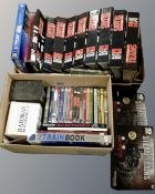 Two boxes containing a quantity of DVDs and DVD box sets relating to railway journeys and steam