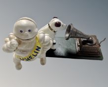 Two cast iron figures, Michelin Man and HMV Nipper.