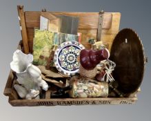 A wooden crate containing a wooden trouser press, a Japanese vase, plated cutlery, ceramics,