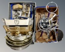 Two boxes containing a quantity of wedding cake and cake stands, pillars and knives.