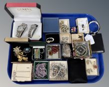 A tray of costume jewellery, watches in case,