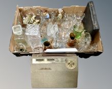 A vintage GEC radio and a box of cased cutlery, assorted glass ware, decanters,