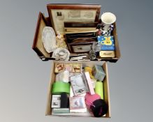 Two boxes of photo frames, china, boxed watch sets, pendant on chain,