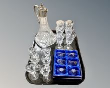 A tray of assorted glass ware, silver plated cut glass claret jug,