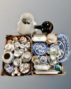 Two boxes of antique and later ceramics, Japanese tea service, dog ornaments,