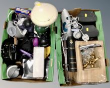 Two boxes of angle poise lamps, speakers, bread bin, photo album, kitchen electricals,