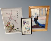 A Japanese silk embroidery of a peacock,