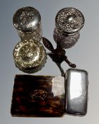 A tray of three silver topped cut glass dressing table jars, further silver plated case,