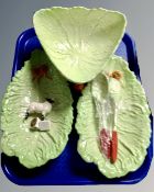 A Carlton Ware lobster bowl and servers (as found), two further Carlton Ware leaf dishes,