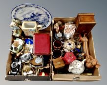 Two boxes of horse stirrup barometer, cameras, ceramics, wooden table box,