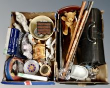 Two boxes of beer steins, Ringtons pieces, bisque figures, leather briefcase,