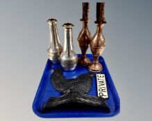 Two pairs of arts and crafts vases together with cast iron door stop and cast iron sign 'Private'