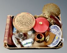A box of 19th century Spode blue and white food warming stand, 20th century wicker sewing basket,