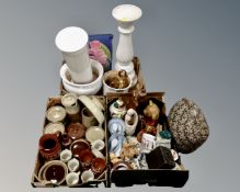 Three boxes of kitchen jars and pots, jardineres on stands, wooden ornaments,