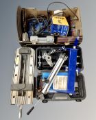 A box of grinding discs, saw blades, Adendorffmma welder, tripod,